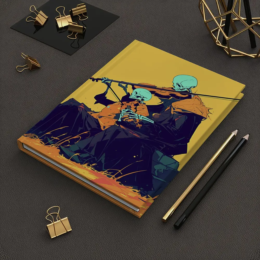 Skeleton Duo Playing Violin Yellow Background – Notebooks