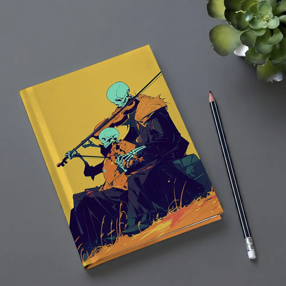 Skeleton Duo Playing Violin Yellow Background – Notebooks
