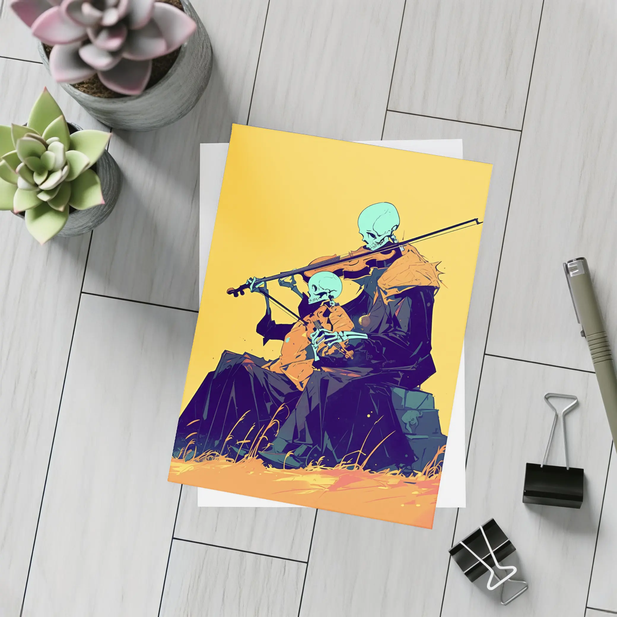 Skeleton Duo Playing Violin Yellow Background – Postcards