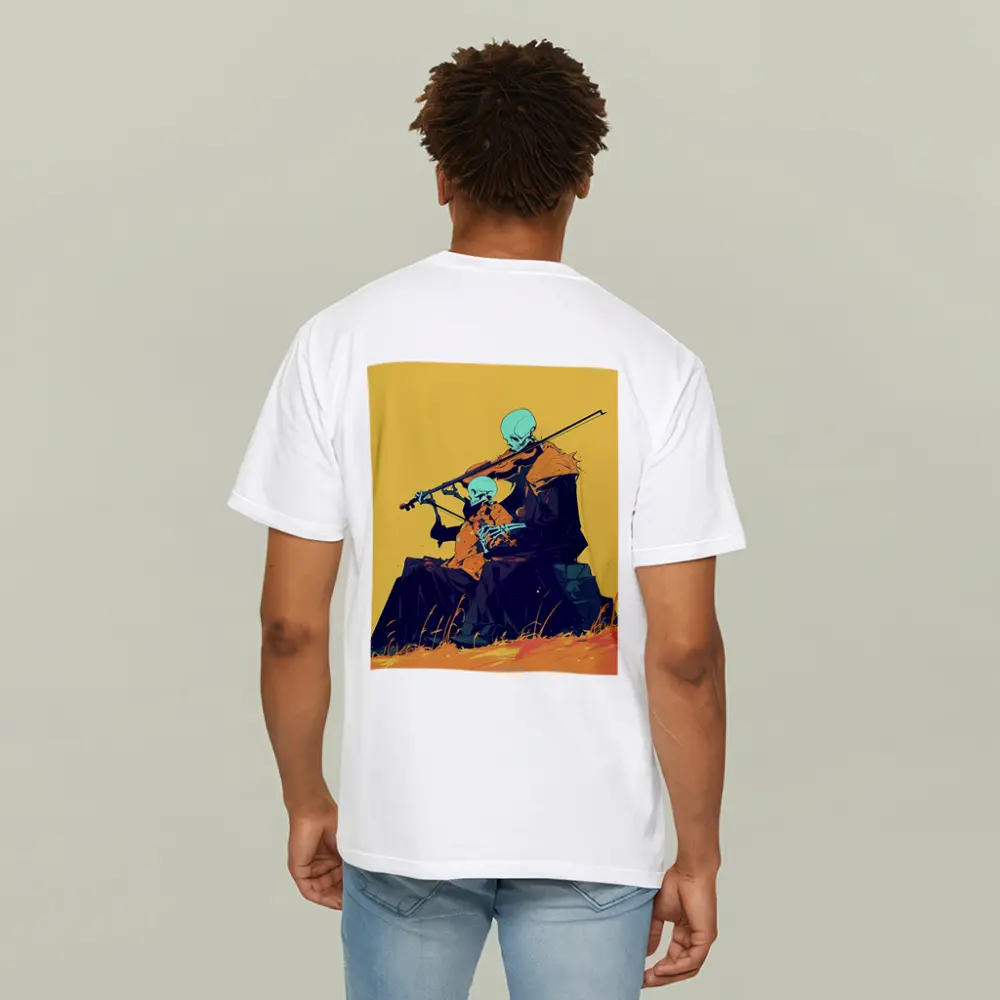 Skeleton Duo Playing Violin Yellow Background – T-Shirts