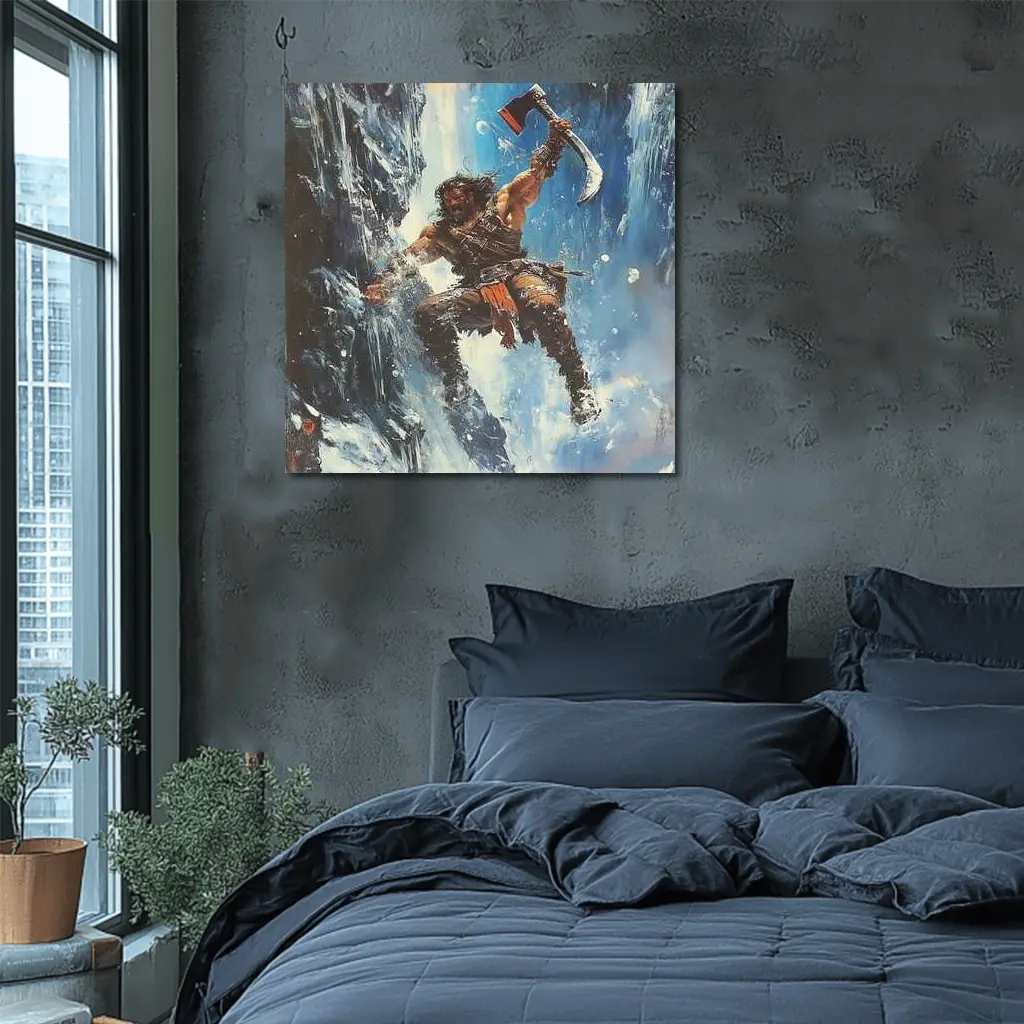 Barbarian Warrior Wielding Axe Icy Cliff – Wall Art