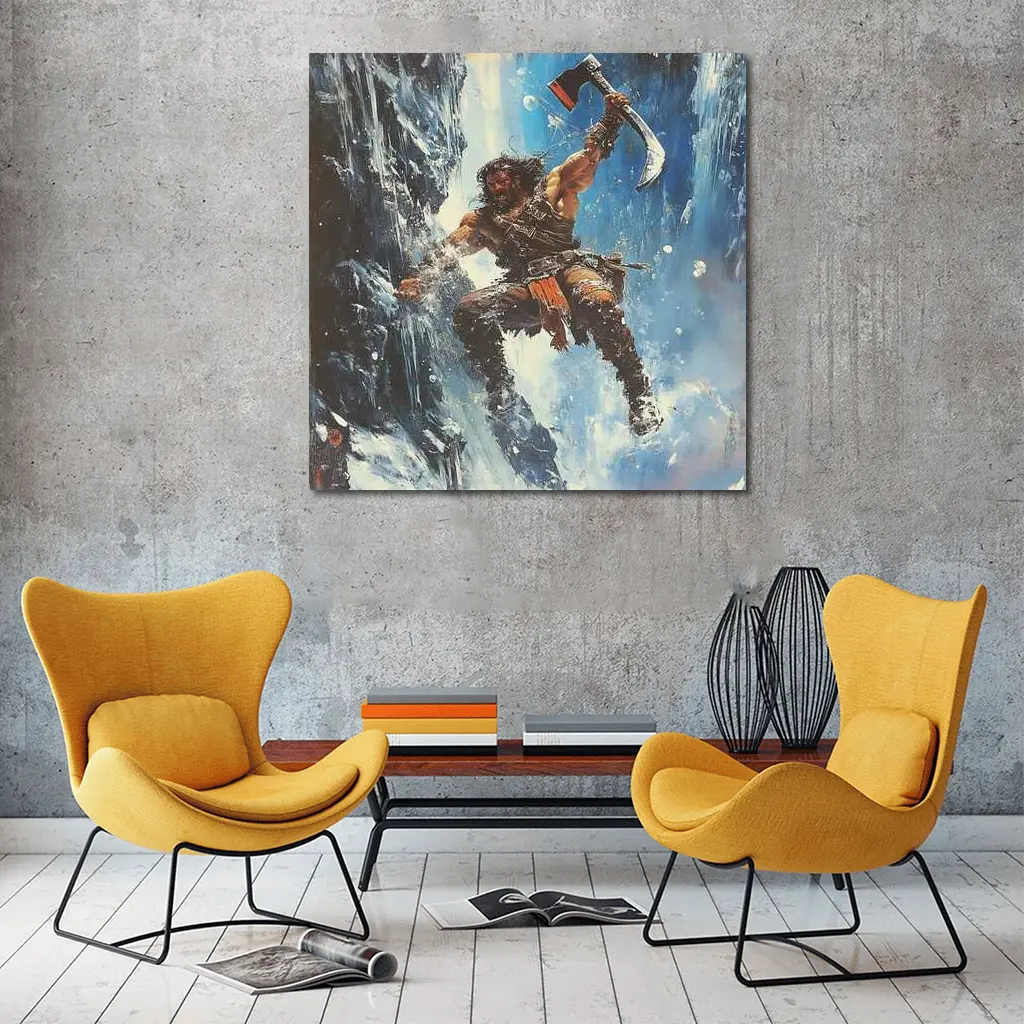 Barbarian Warrior Wielding Axe Icy Cliff – Wall Art