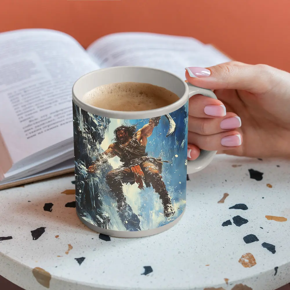 Barbarian Warrior Wielding Axe Icy Cliff – Mugs
