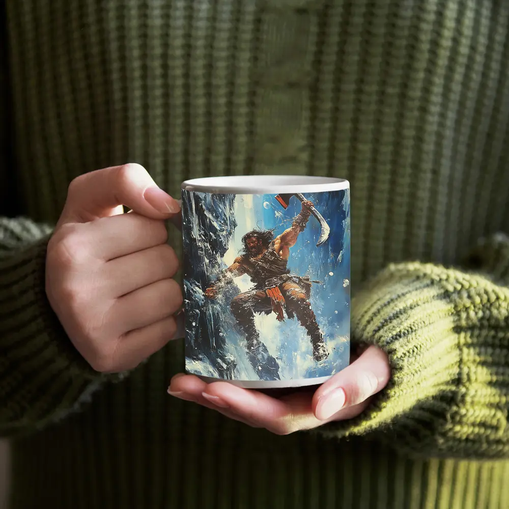 Barbarian Warrior Wielding Axe Icy Cliff – Mugs