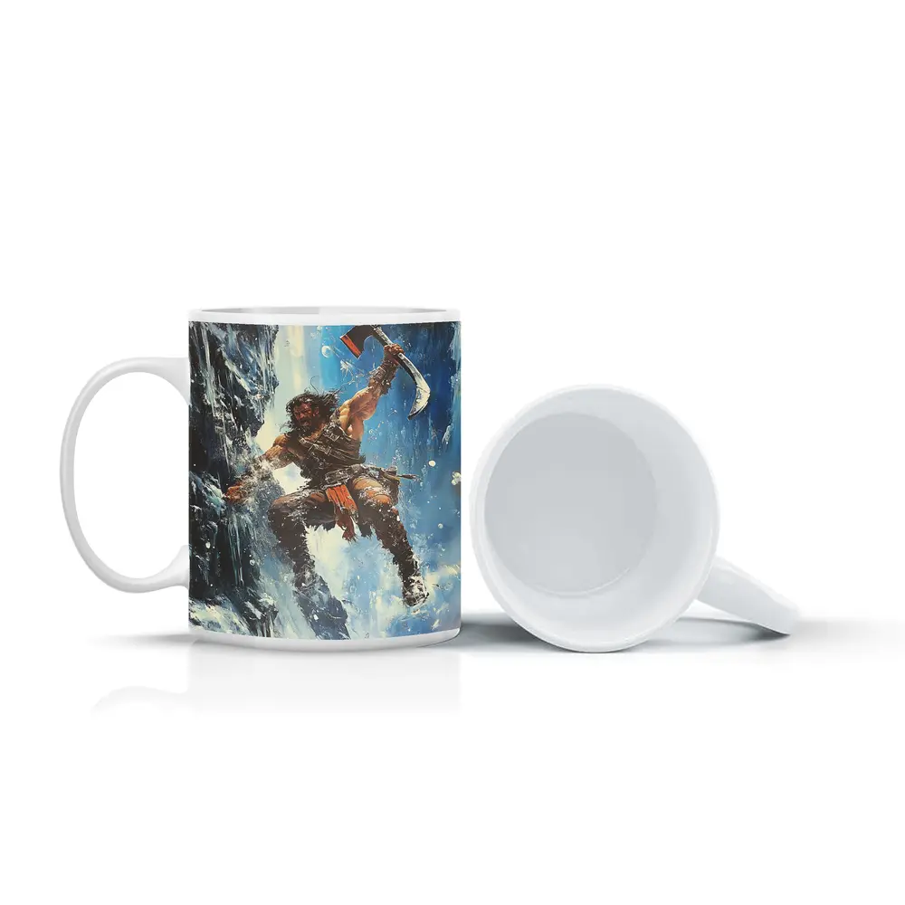 Barbarian Warrior Wielding Axe Icy Cliff – Mugs