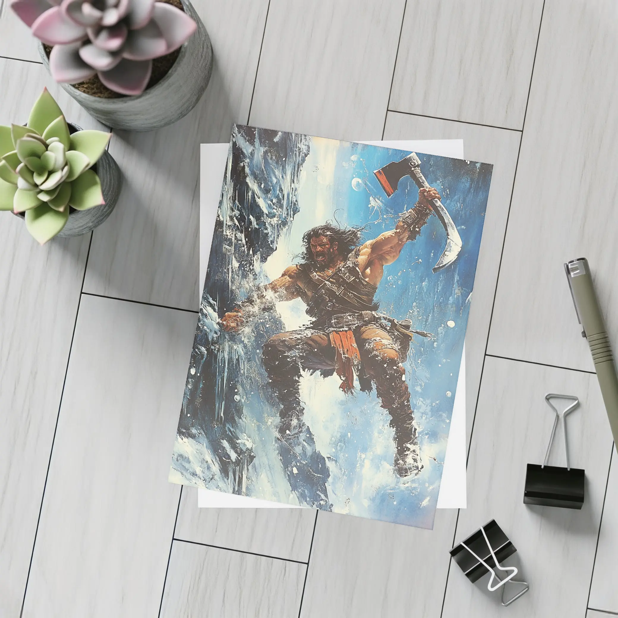 Barbarian Warrior Wielding Axe Icy Cliff – Postcards