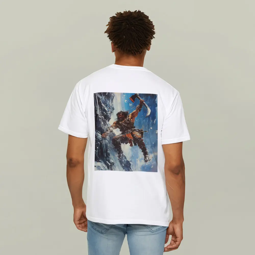 Barbarian Warrior Wielding Axe Icy Cliff – T-Shirts