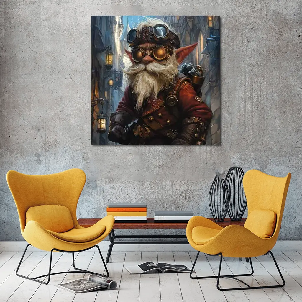 Steampunk Gnome In Dark Fantasy City – Wall Art