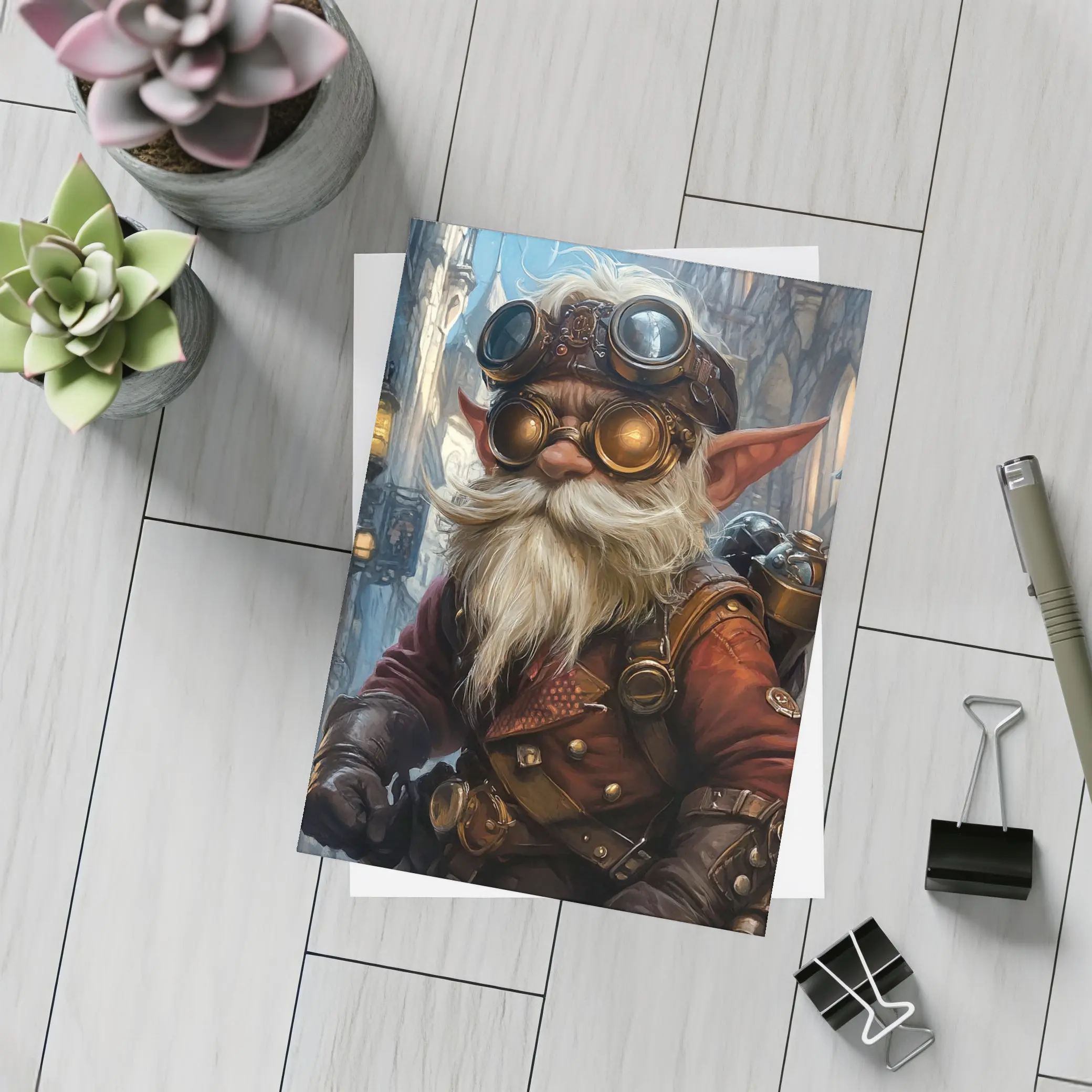 Steampunk Gnome In Dark Fantasy City – Postcards