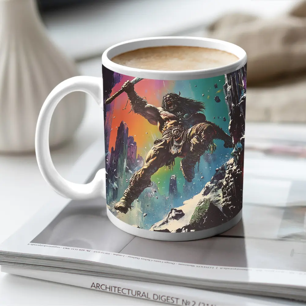 Barbarian Warrior Axe Colorful Fantasy Ruins – Mugs