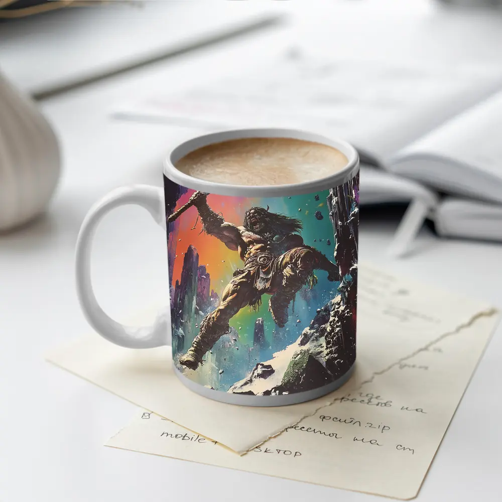 Barbarian Warrior Axe Colorful Fantasy Ruins – Mugs