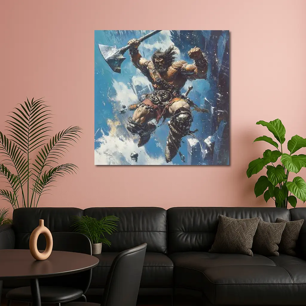 Barbarian Warrior Leaping With Battle Axe – Wall Art