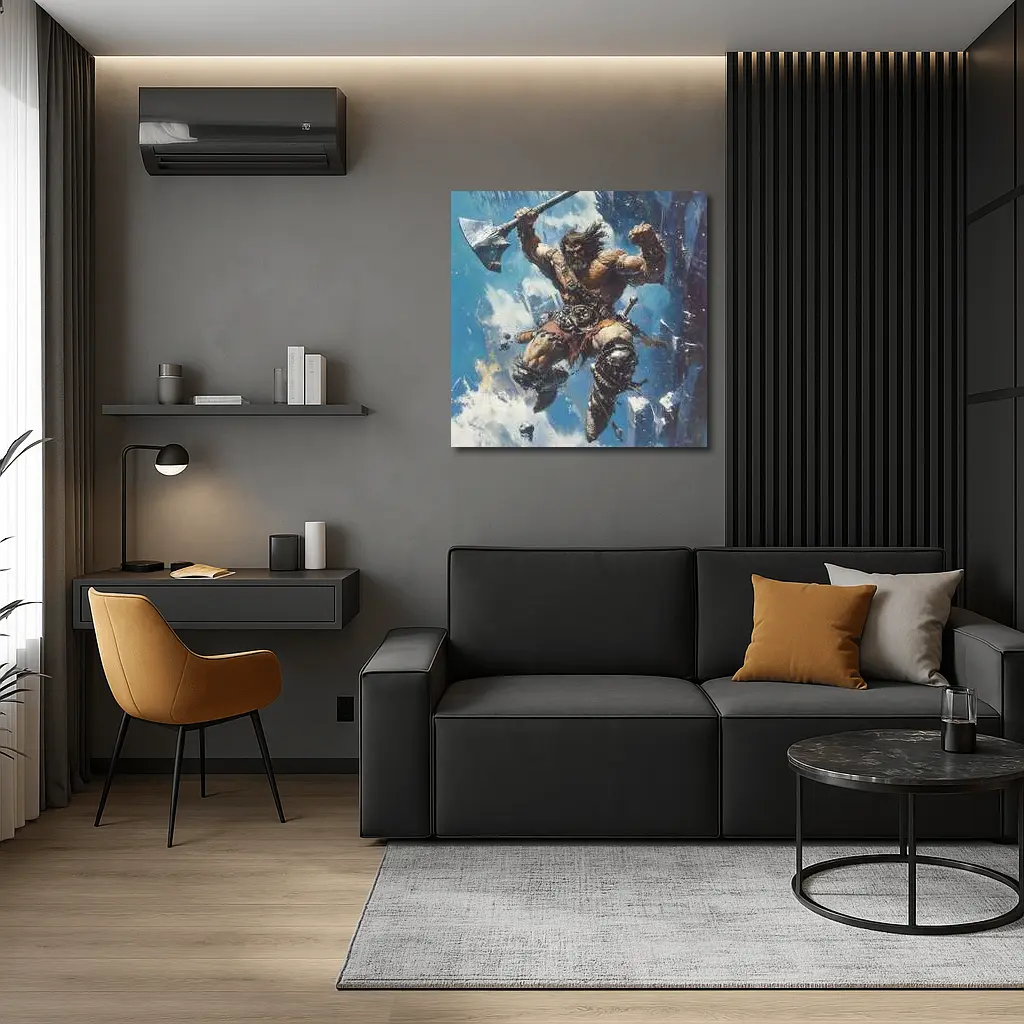 Barbarian Warrior Leaping With Battle Axe – Wall Art