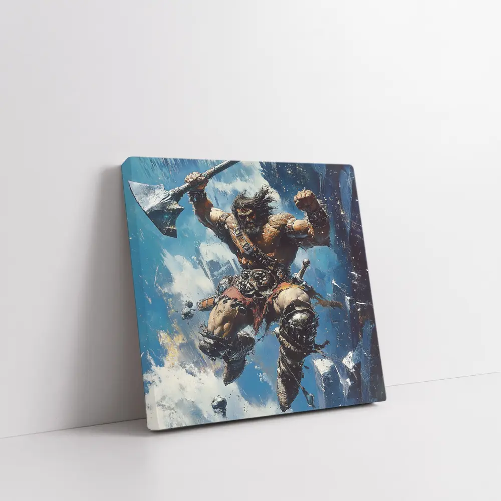 Barbarian Warrior Leaping With Battle Axe – Wall Art