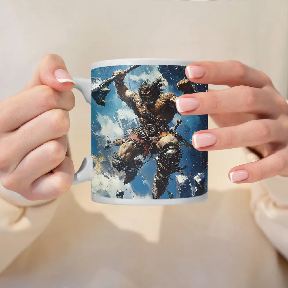 Barbarian Warrior Leaping With Battle Axe – Mugs