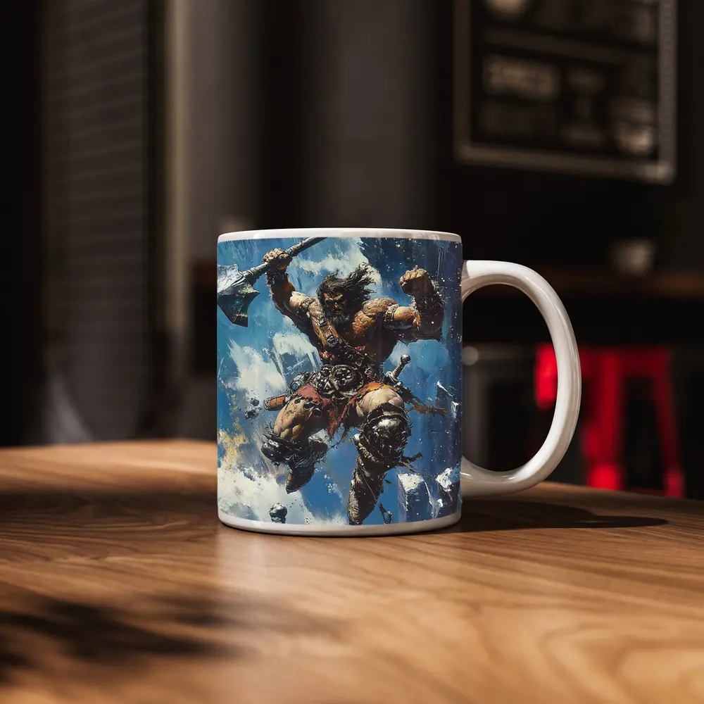 Barbarian Warrior Leaping With Battle Axe – Mugs