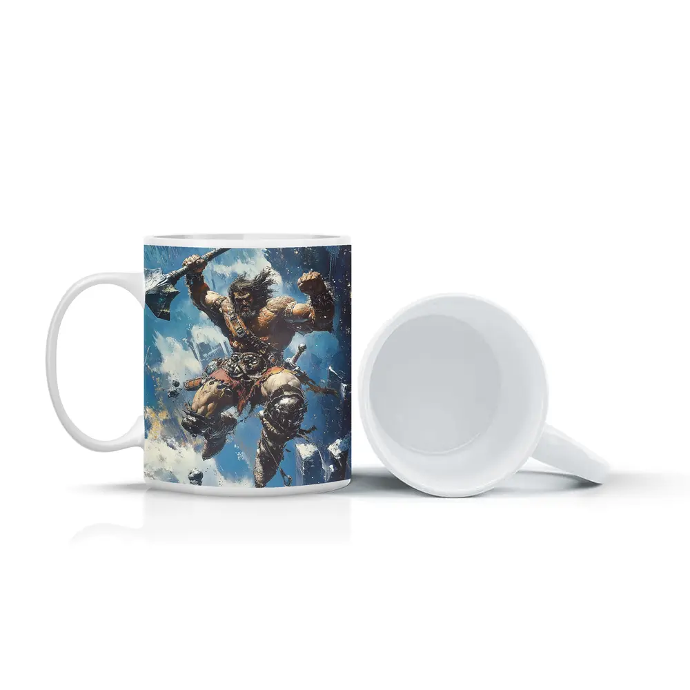 Barbarian Warrior Leaping With Battle Axe – Mugs