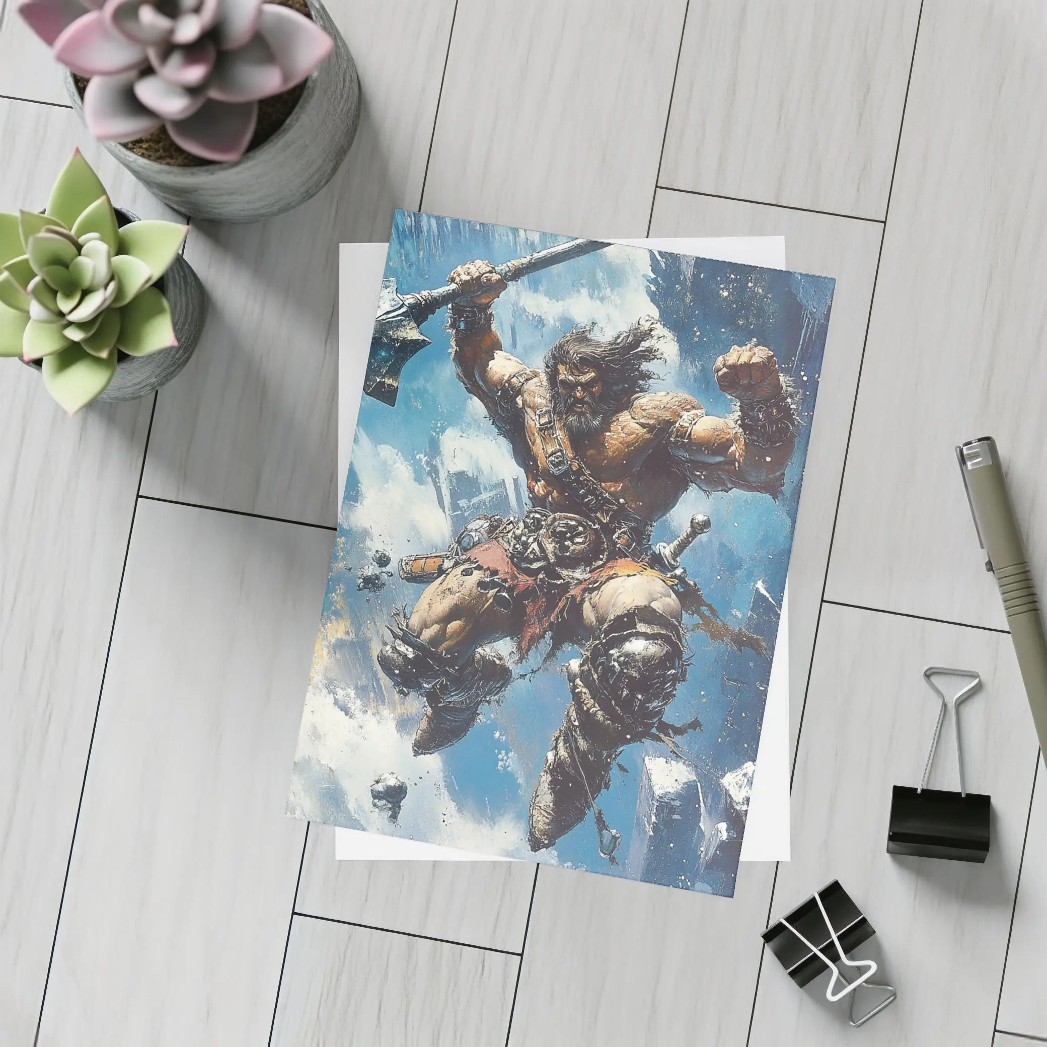 Barbarian Warrior Leaping With Battle Axe – Postcards