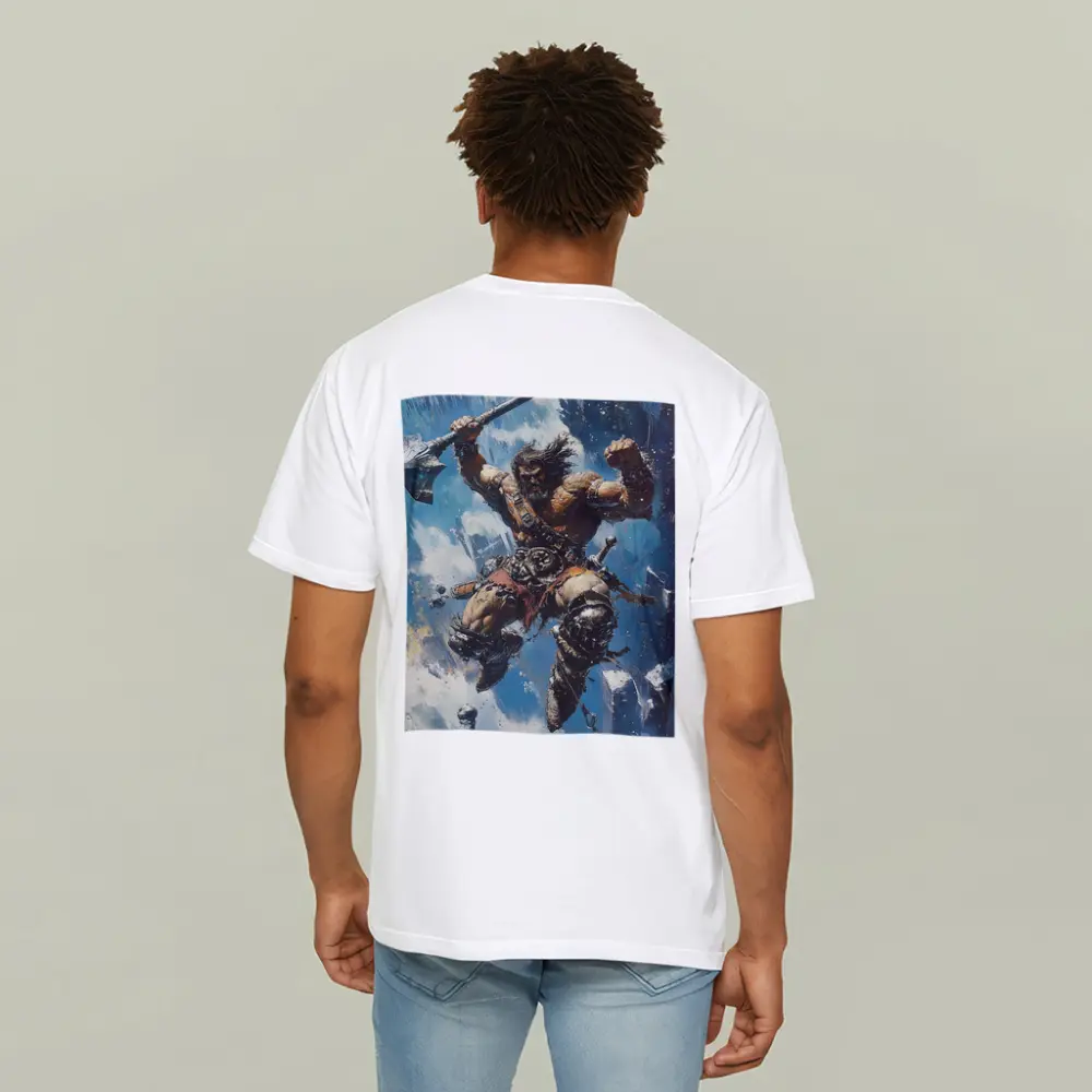 Barbarian Warrior Leaping With Battle Axe – T-Shirts