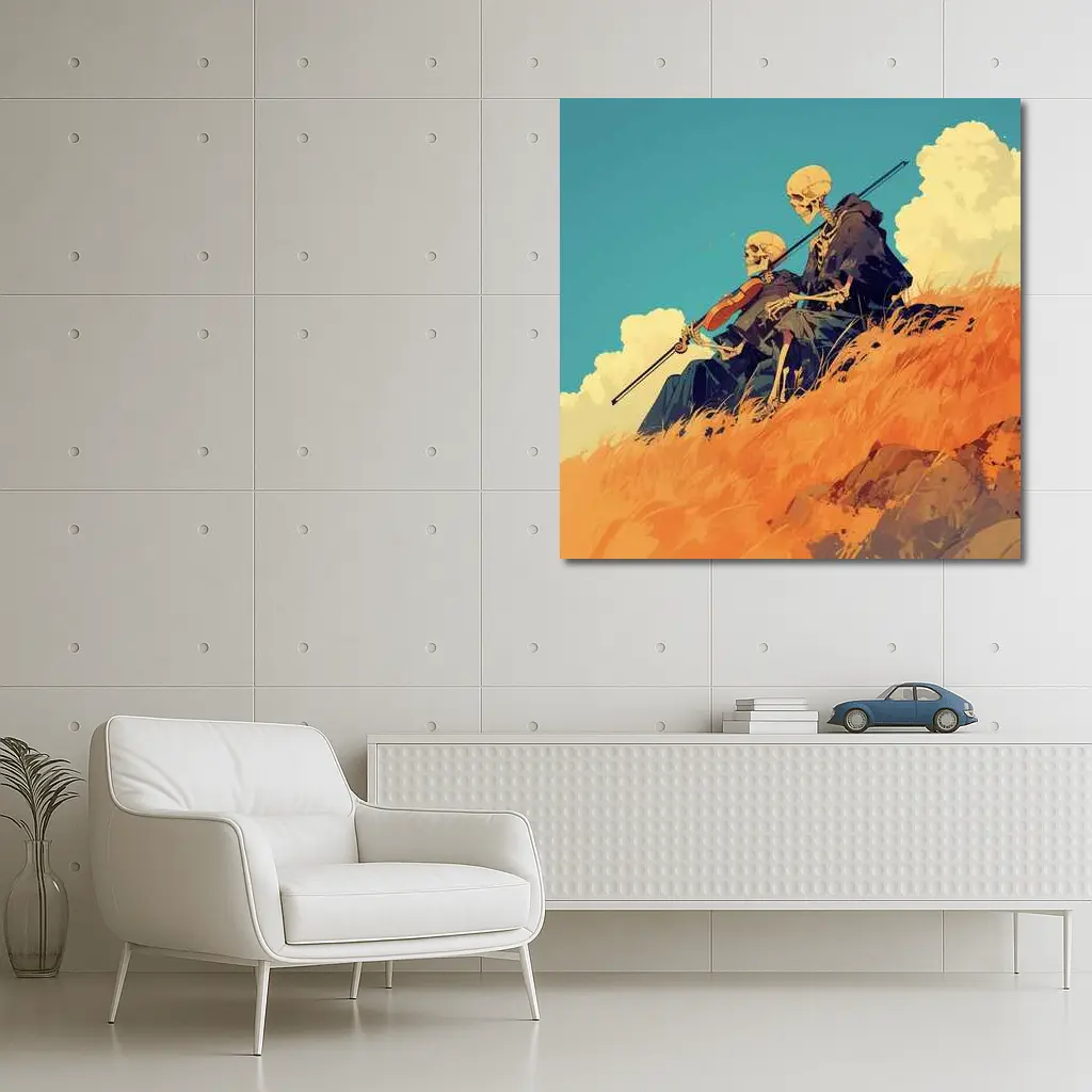 Skeletons Playing Violin on Golden Hill – Wall Art