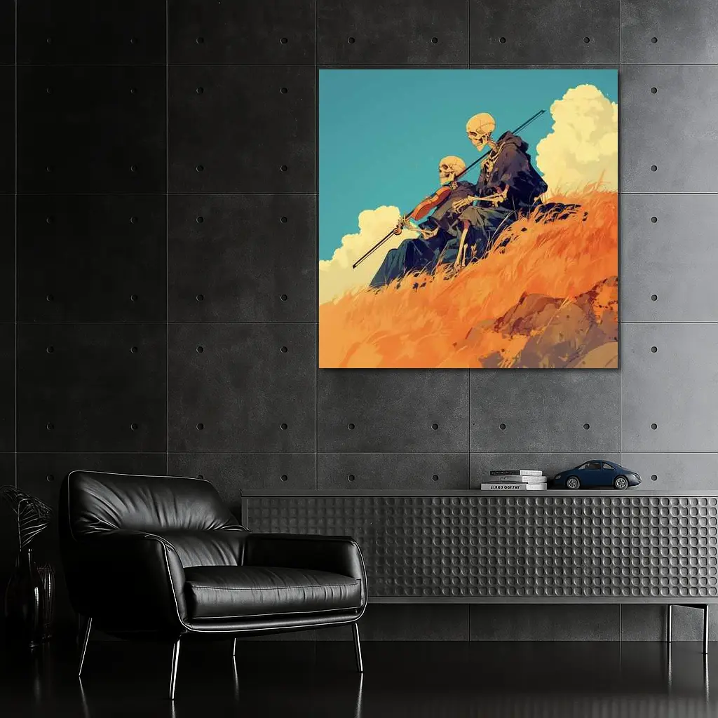 Skeletons Playing Violin on Golden Hill – Wall Art