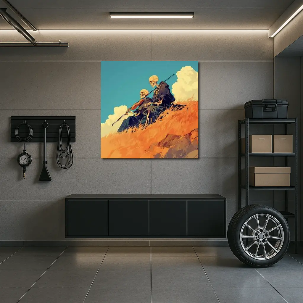 Skeletons Playing Violin on Golden Hill – Wall Art