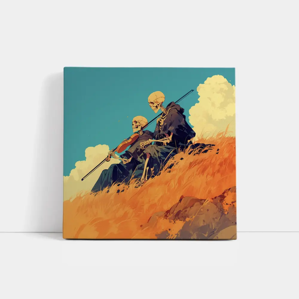 Skeletons Playing Violin on Golden Hill – Wall Art