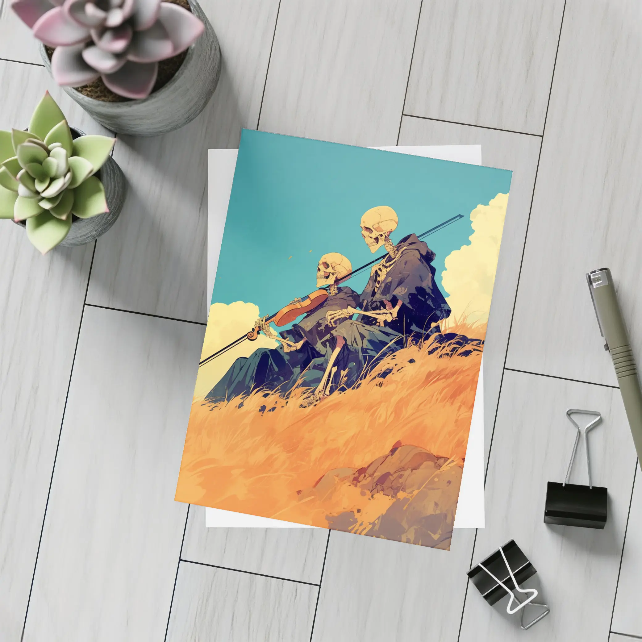 Skeletons Playing Violin on Golden Hill – Postcards