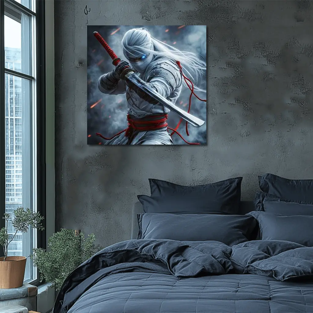 White Ninja Warrior Katana Smoke Background – Wall Art