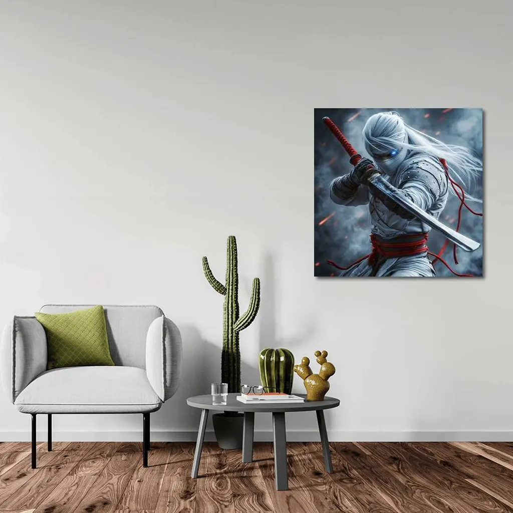 White Ninja Warrior Katana Smoke Background – Wall Art