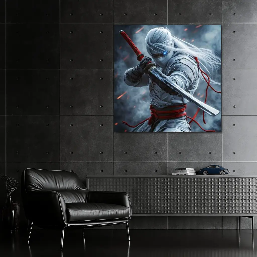 White Ninja Warrior Katana Smoke Background – Wall Art