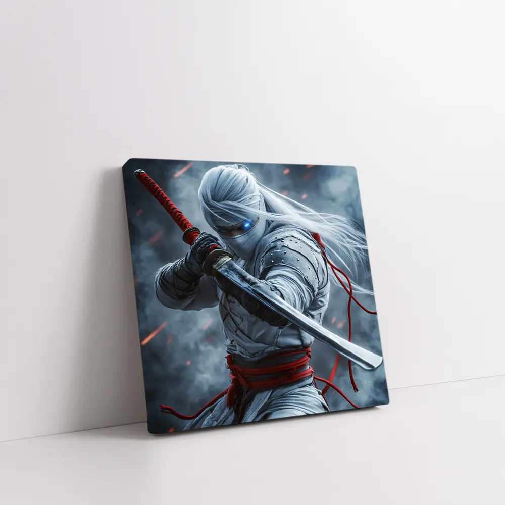 White Ninja Warrior Katana Smoke Background – Wall Art
