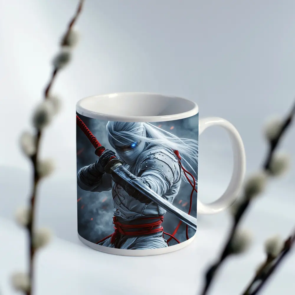 White Ninja Warrior Katana Smoke Background – Mugs
