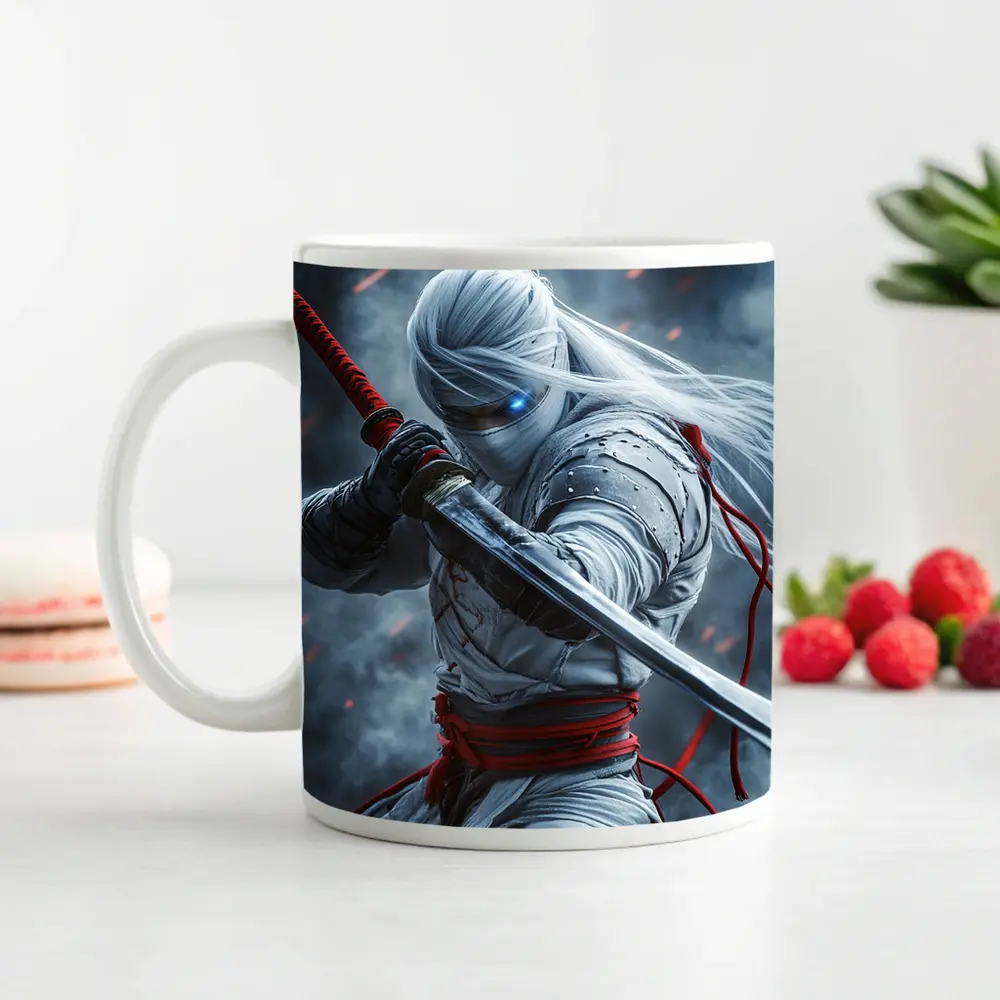 White Ninja Warrior Katana Smoke Background – Mugs