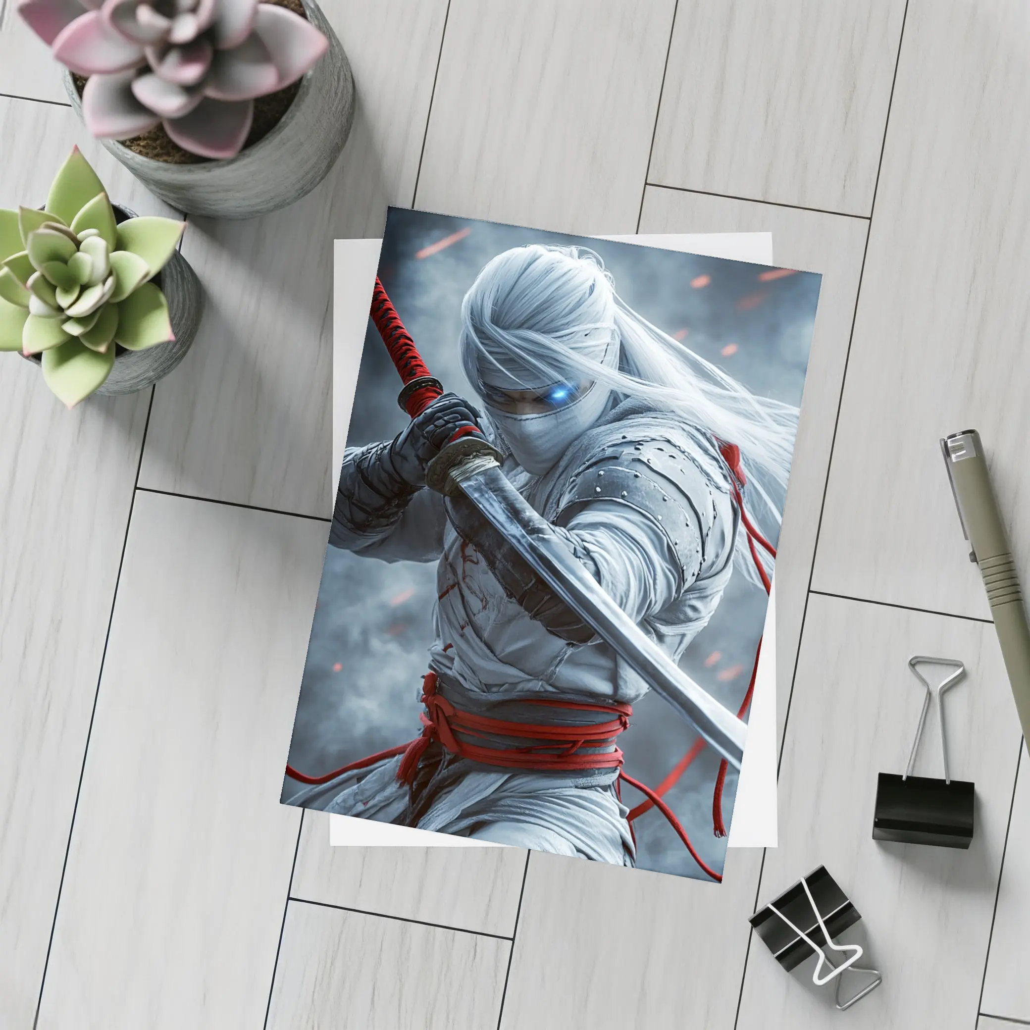 White Ninja Warrior Katana Smoke Background – Postcards