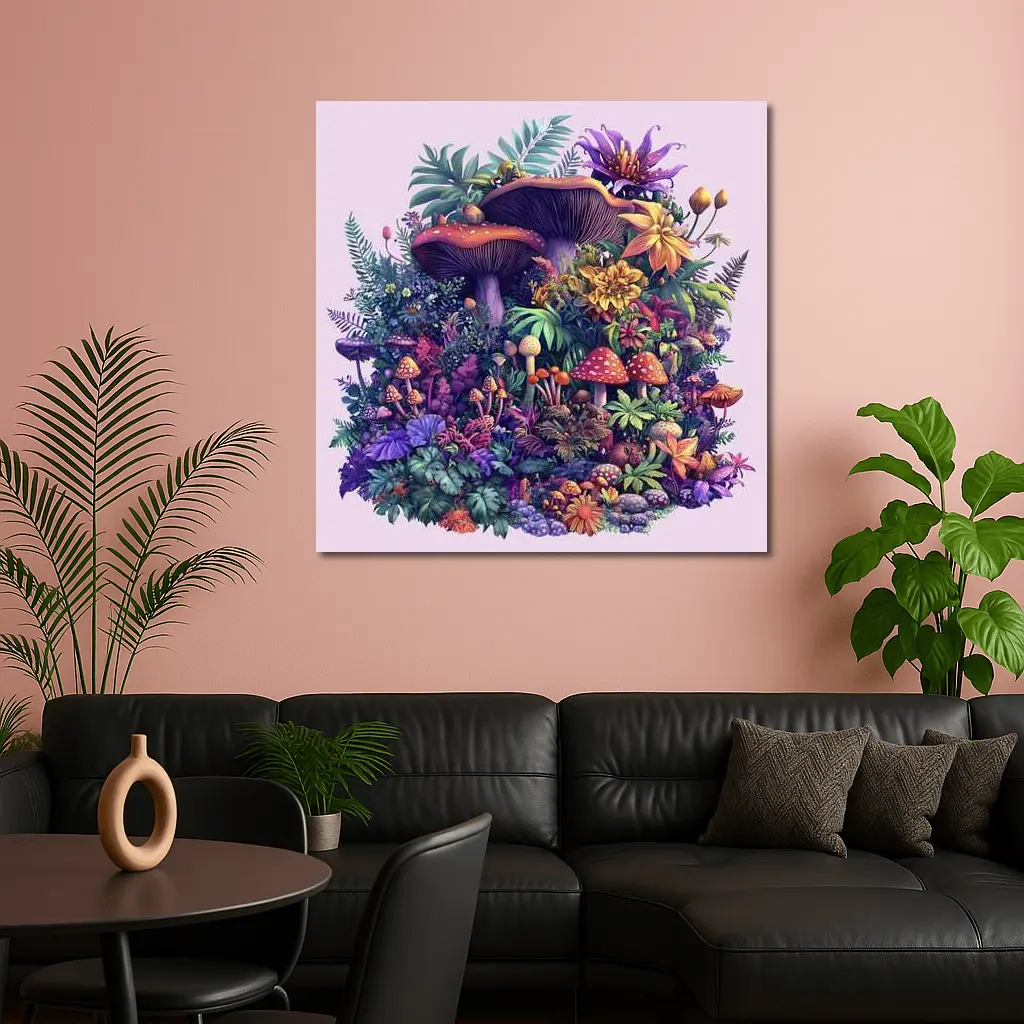 Colorful Mushrooms and Tropical Flowers Fantasy – Wall Art