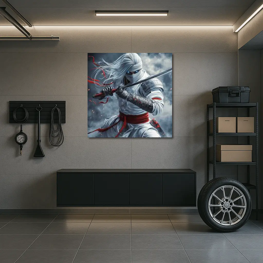 White Ninja Warrior Sword Smoke Battle – Wall Art