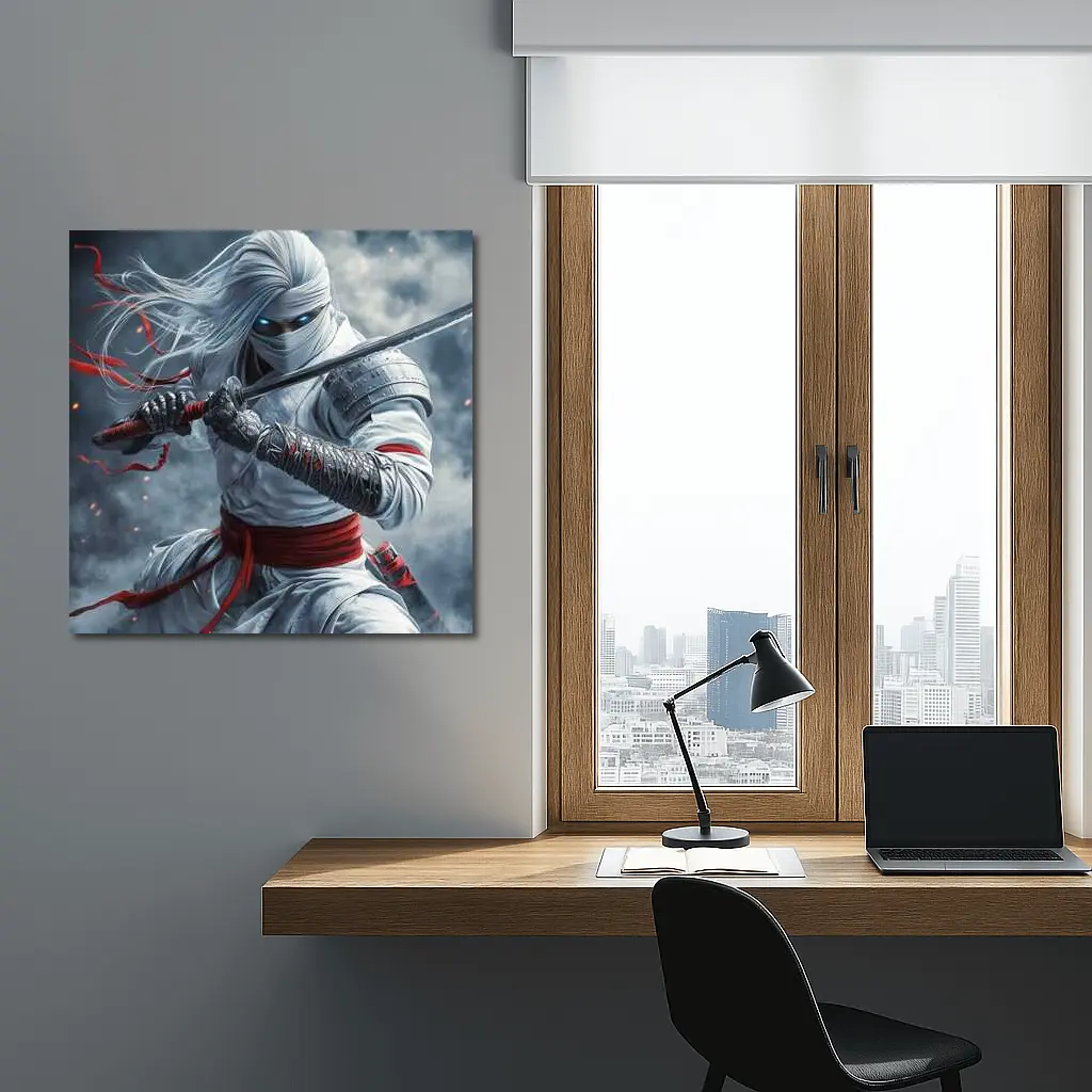White Ninja Warrior Sword Smoke Battle – Wall Art