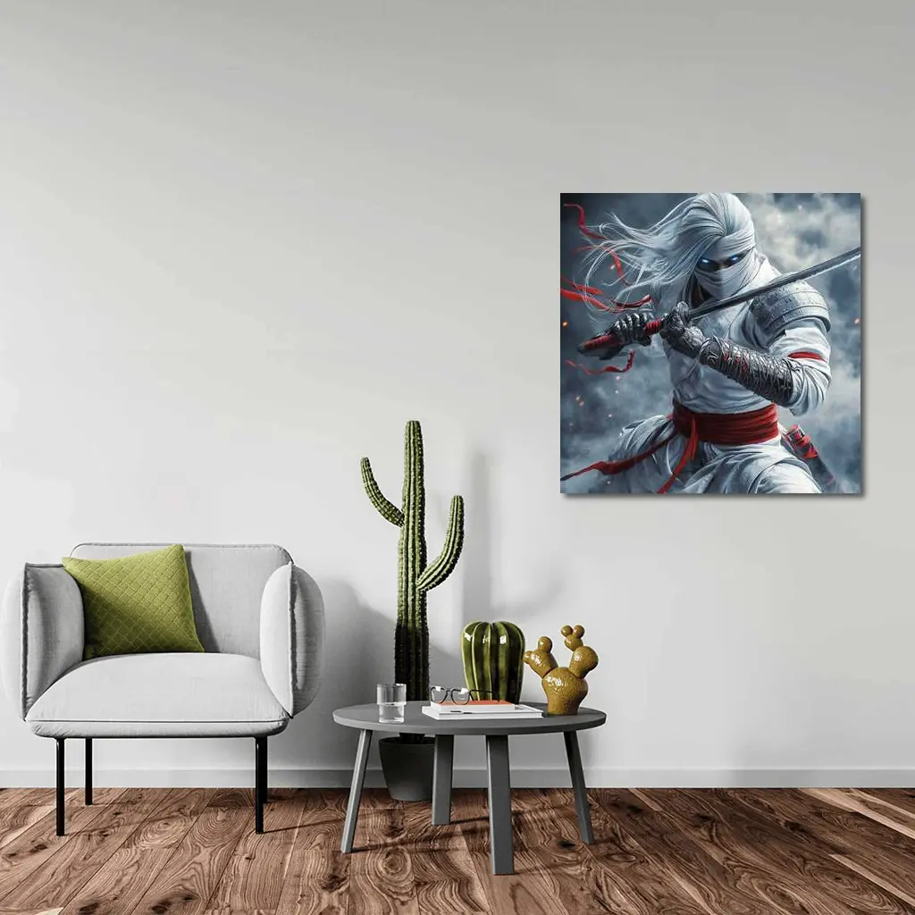 White Ninja Warrior Sword Smoke Battle – Wall Art