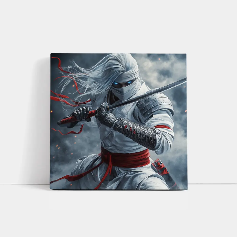 White Ninja Warrior Sword Smoke Battle – Wall Art