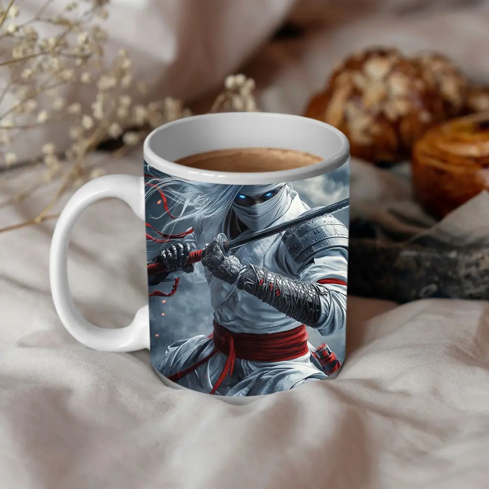 White Ninja Warrior Sword Smoke Battle – Mugs