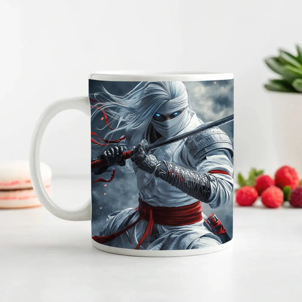 White Ninja Warrior Sword Smoke Battle – Mugs