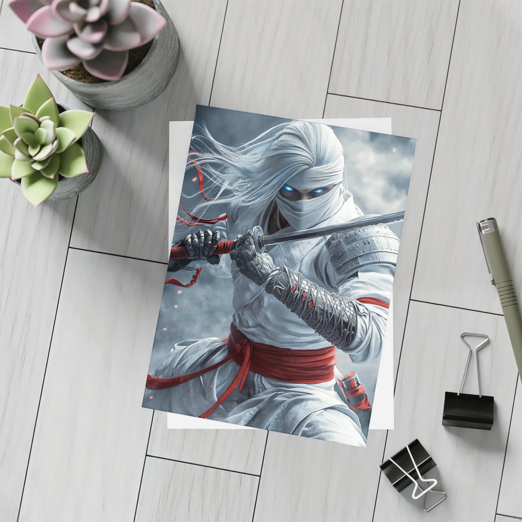 White Ninja Warrior Sword Smoke Battle – Postcards