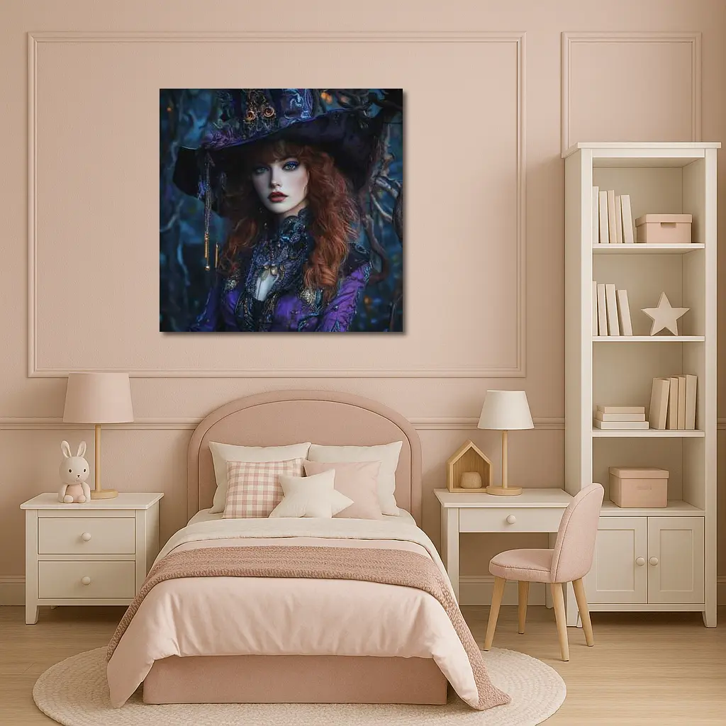 Red Hair Witch Purple Fantasy Dark Forest – Wall Art