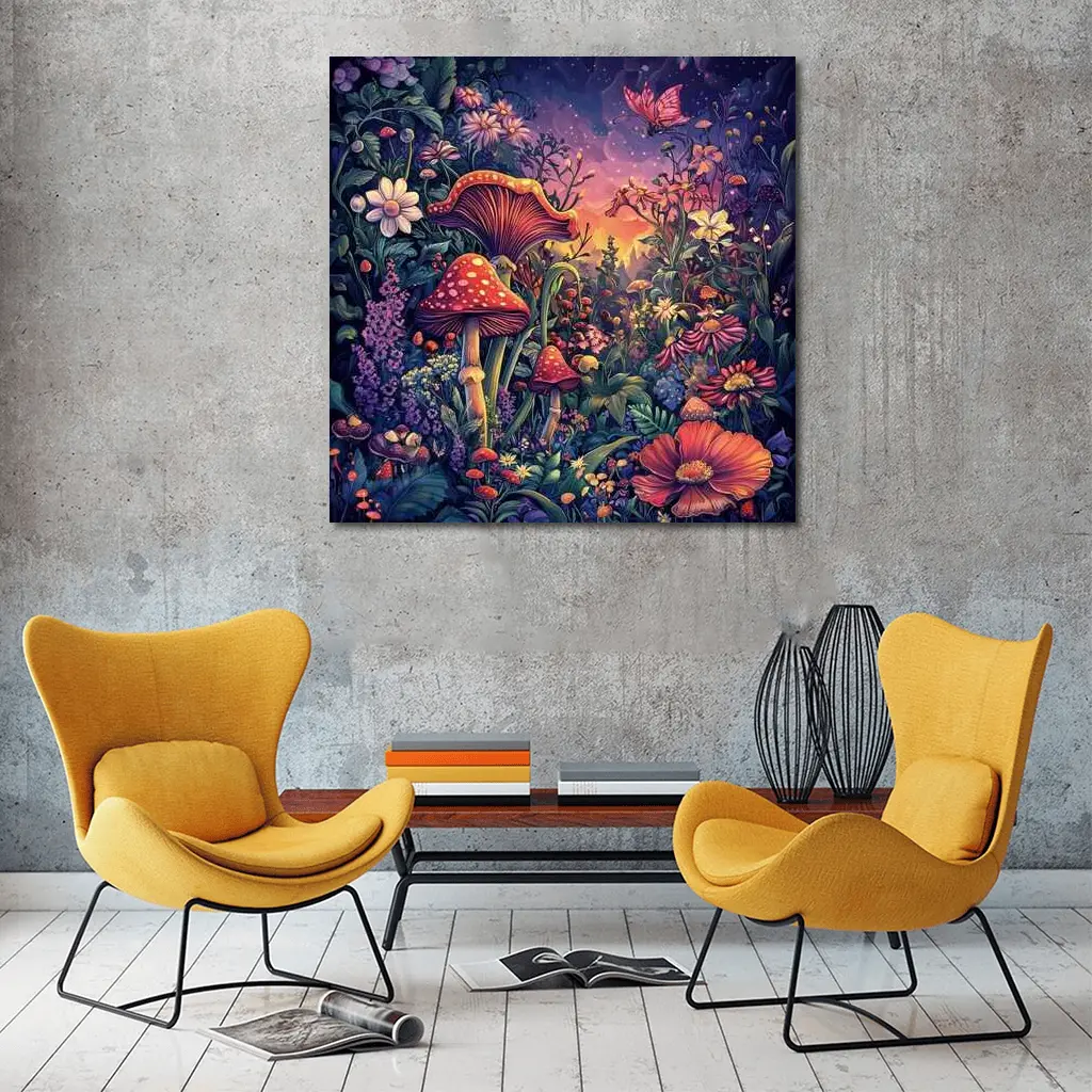 Psychedelic Mushroom Garden Fantasy Night Sky – Wall Art