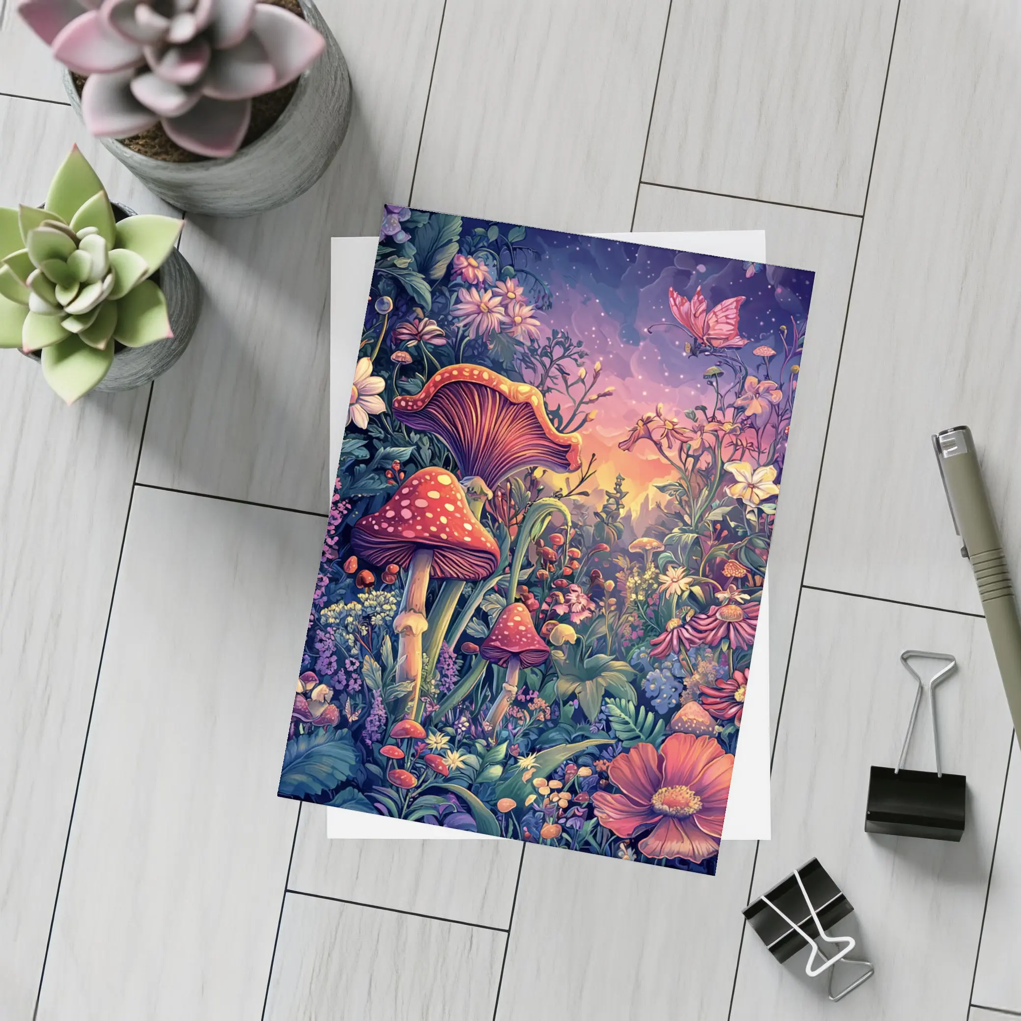 Psychedelic Mushroom Garden Fantasy Night Sky – Postcards