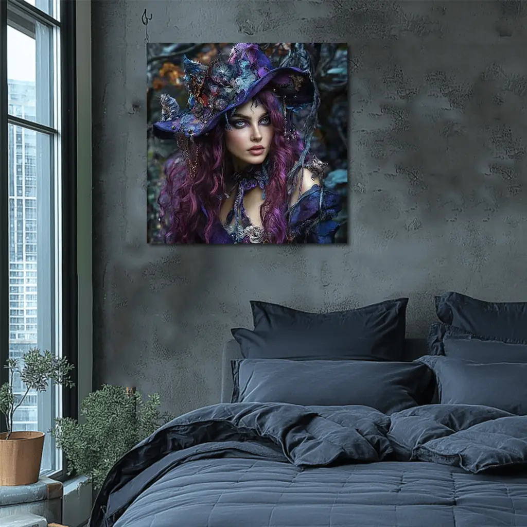 Purple Witch Woman With Cats Dark Fantasy – Wall Art