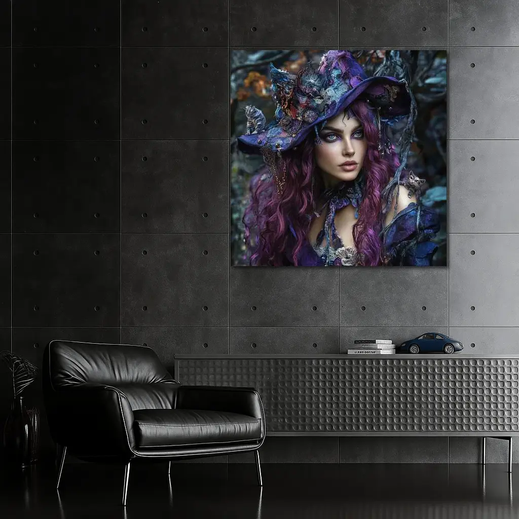 Purple Witch Woman With Cats Dark Fantasy – Wall Art