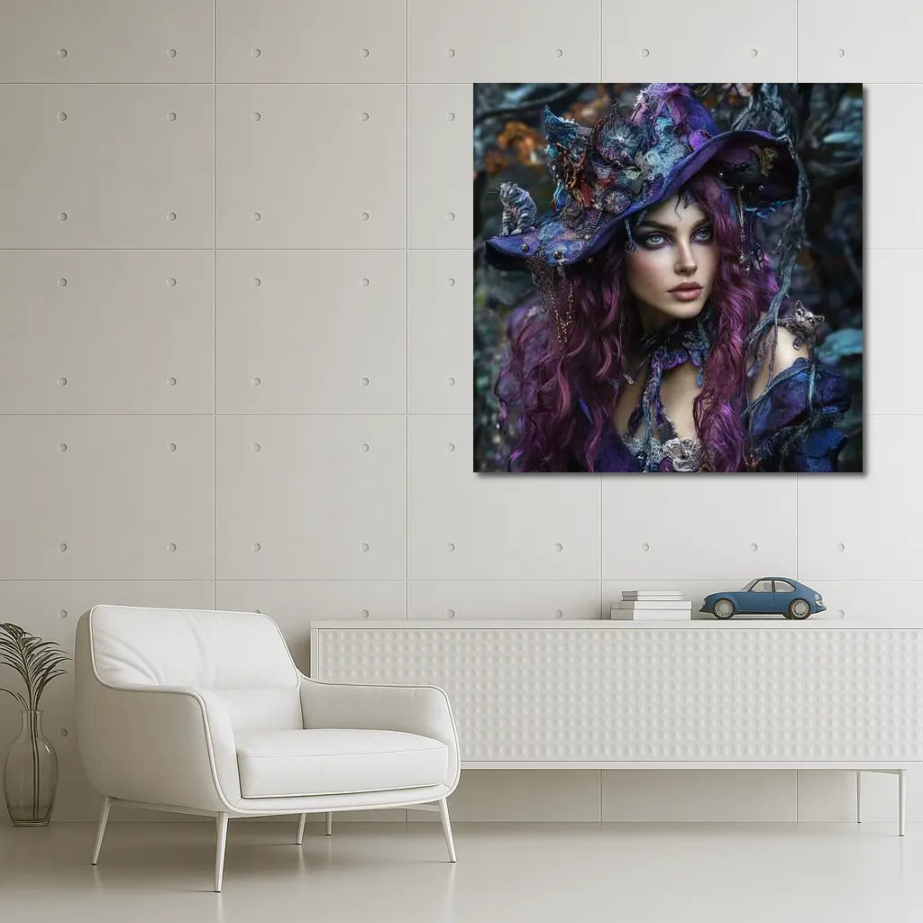 Purple Witch Woman With Cats Dark Fantasy – Wall Art