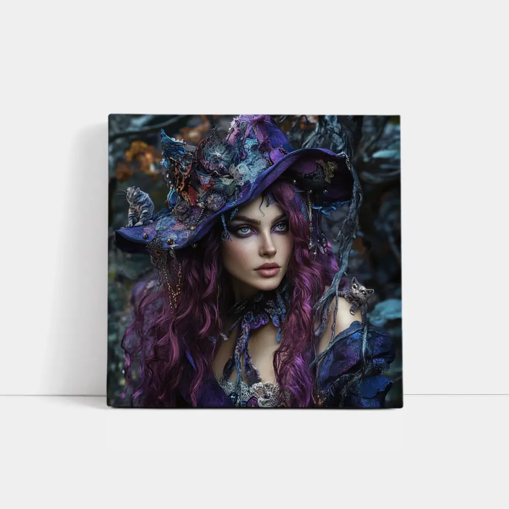 Purple Witch Woman With Cats Dark Fantasy – Wall Art